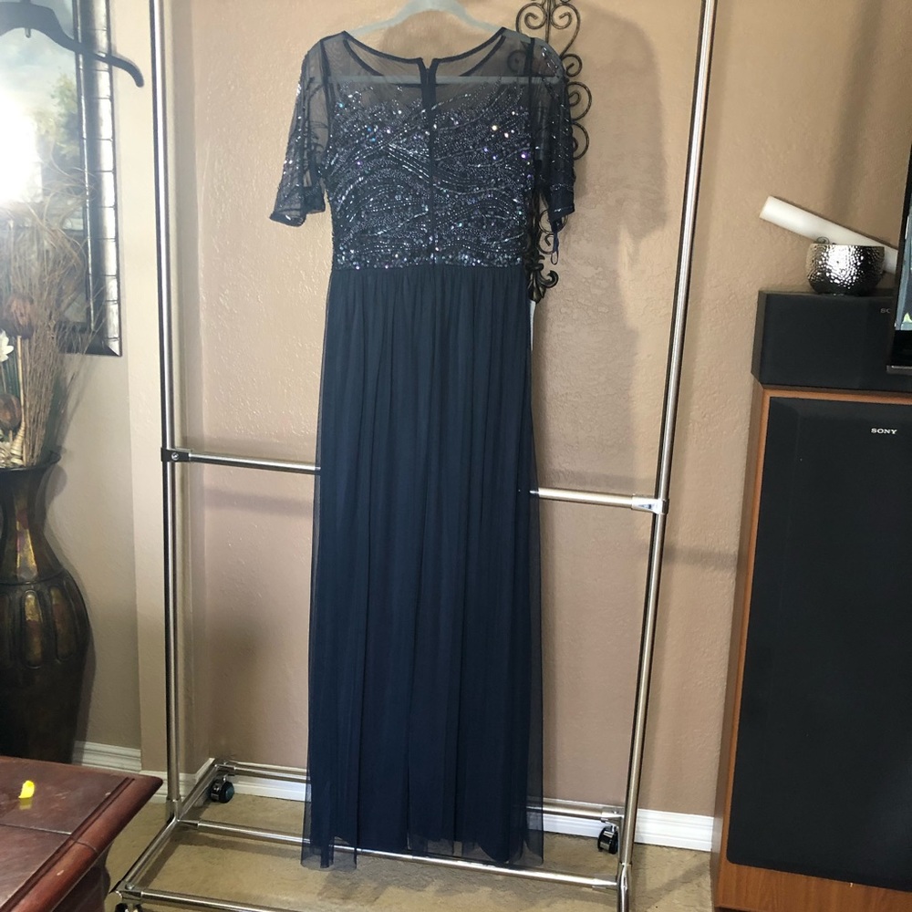 NEW Adrianna Papell Beaded Bodice Mesh Gown Blue - Picture 8 of 8